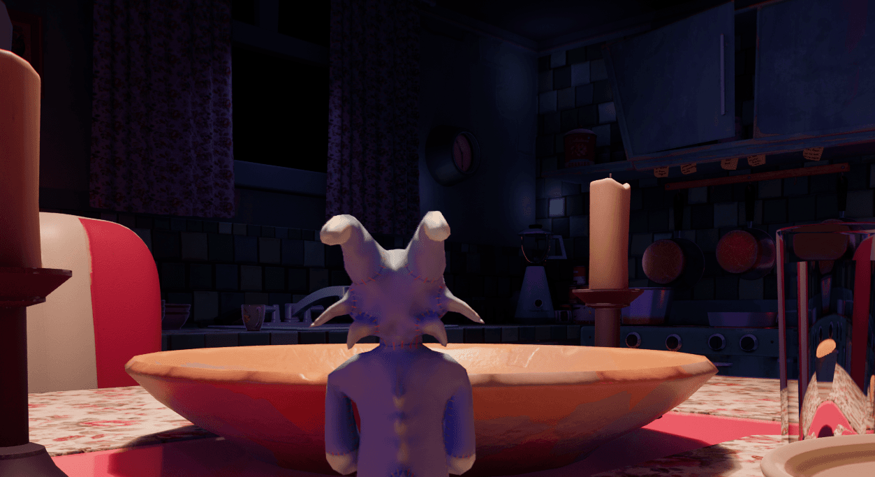 Chunky character standing on a dinner table inside the stylized kitchen environment