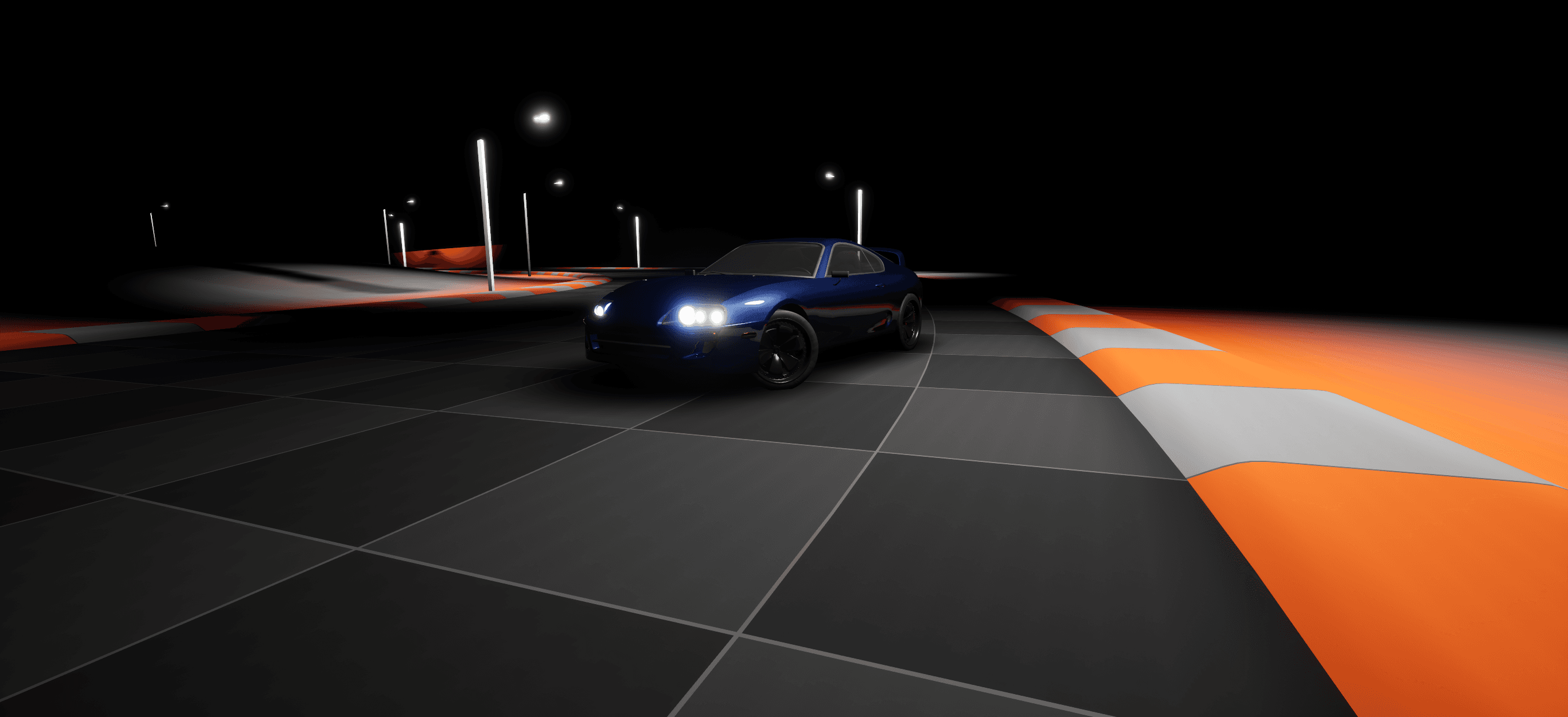 Blue Toyota Supra MK4 showcased in a cinematic Unreal Engine environment